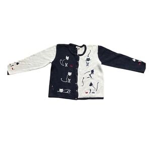 Vintage Cat Embroidered Navy White Cardigan XL Silver Cat Buttons